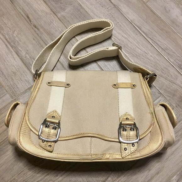COLE HAAN Amanda Canvas Tan Gold Lizard Embossed Leather Bag Adjustable Strap - Picture 3 of 5